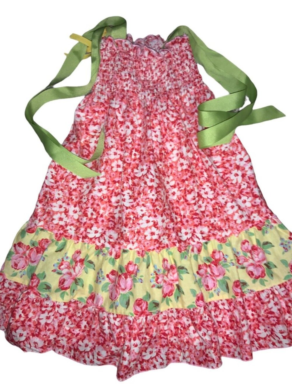 Girls Floral Sundress With Green Ribbon Ties Ruffle Hem Pink Yellow Lightweight